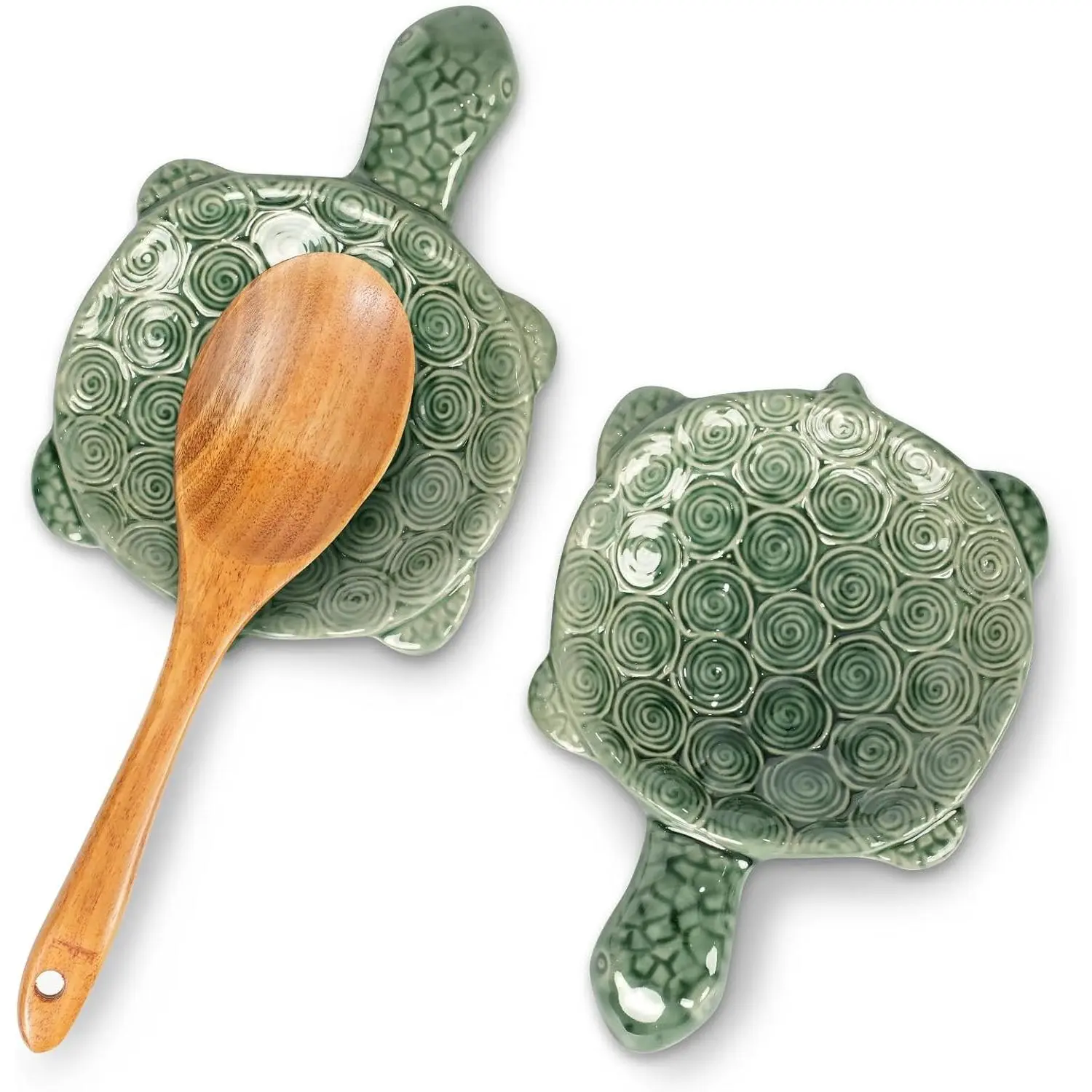 Ceramic Spoon Rest for Stove Top, 2 Pack Cute Turtle Spoon Holder for Kitchen Counter, Large Utensil Rest Spatula Holder for Cooking, Teal Kitchen Accessories, Gift for Ocean Lovers