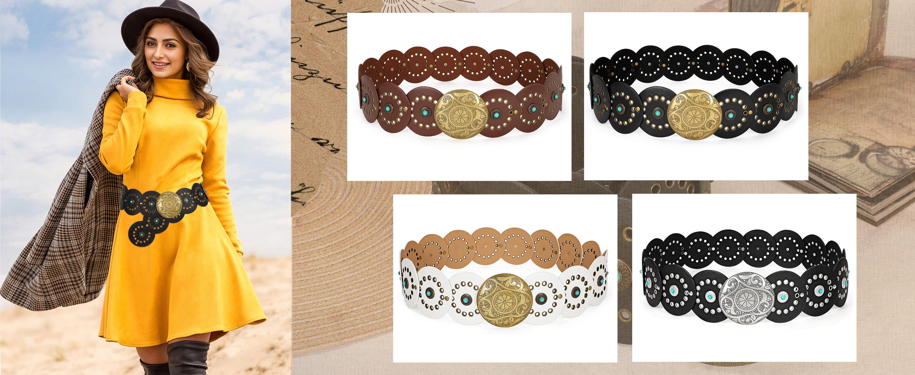 JASGOOD Women Western Concho Belts Wide Hollow Disc Leather Belt Cowgirl Boho Belt for Jeans Dresses with Metal Buckle Halloween