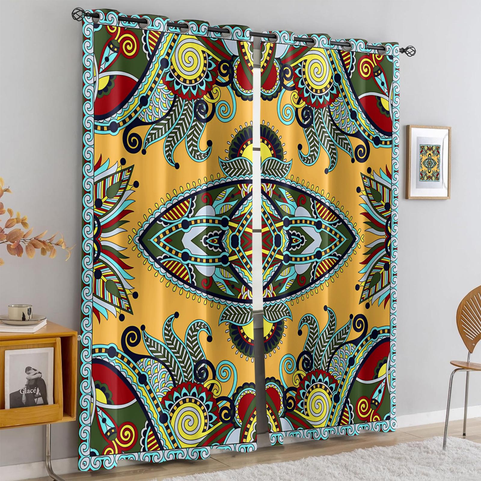 2 Panels Set Boho Paisley Digital Print Window Drapes, Vintage Ethnic Style Darkening Grommet Curtains, Thermal Insulated Privacy Blackout Drapes, Decorative Window Treatment for Living Room, Bedroom, Dorm, Home Office