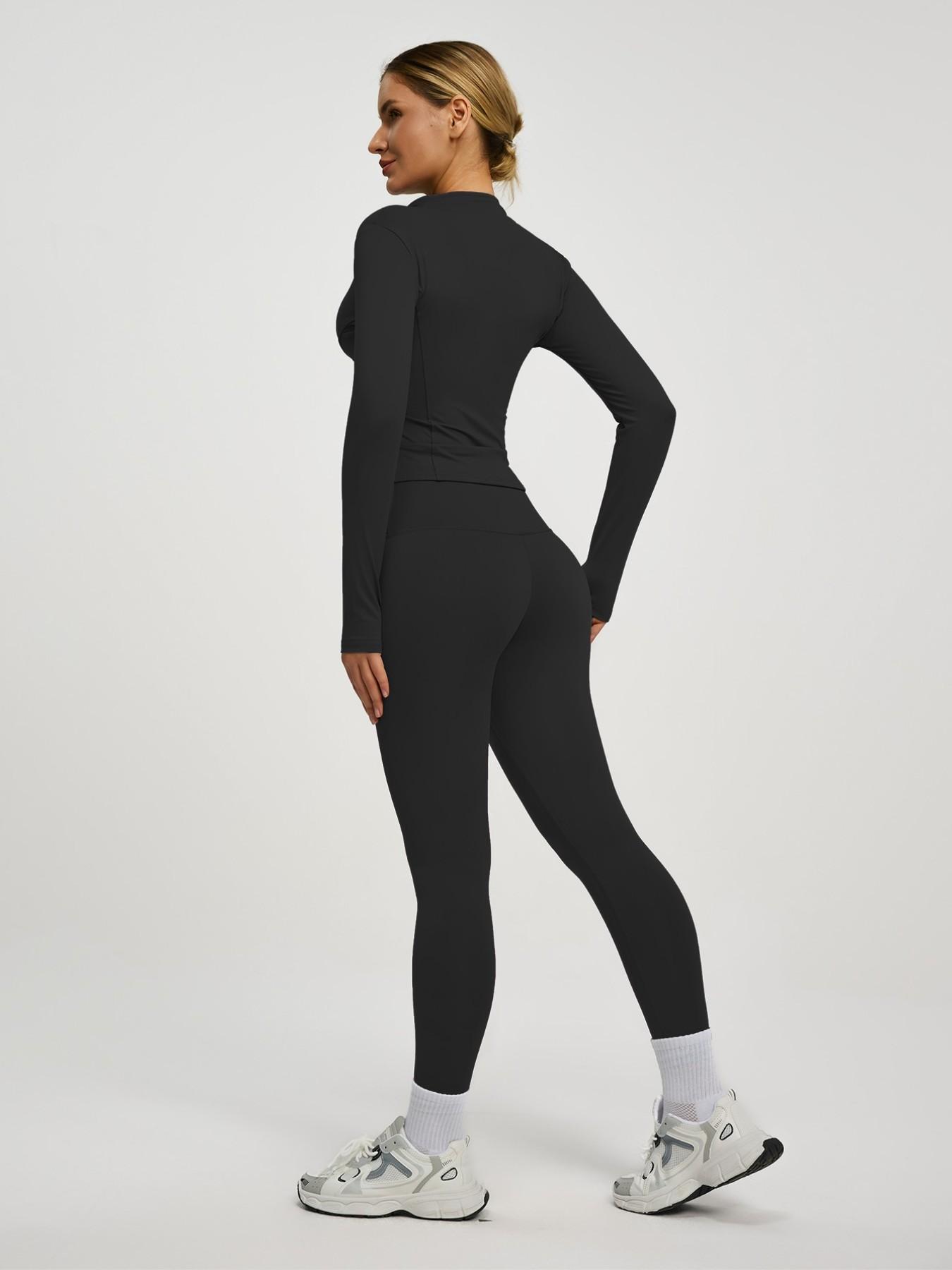 New Women's Solid Color Casual Fashion High-End Long Sleeve Quick-Dry Sports Set, Yoga Essential Jacket, Elastic Tight Yoga Pants, Activewear Clothing