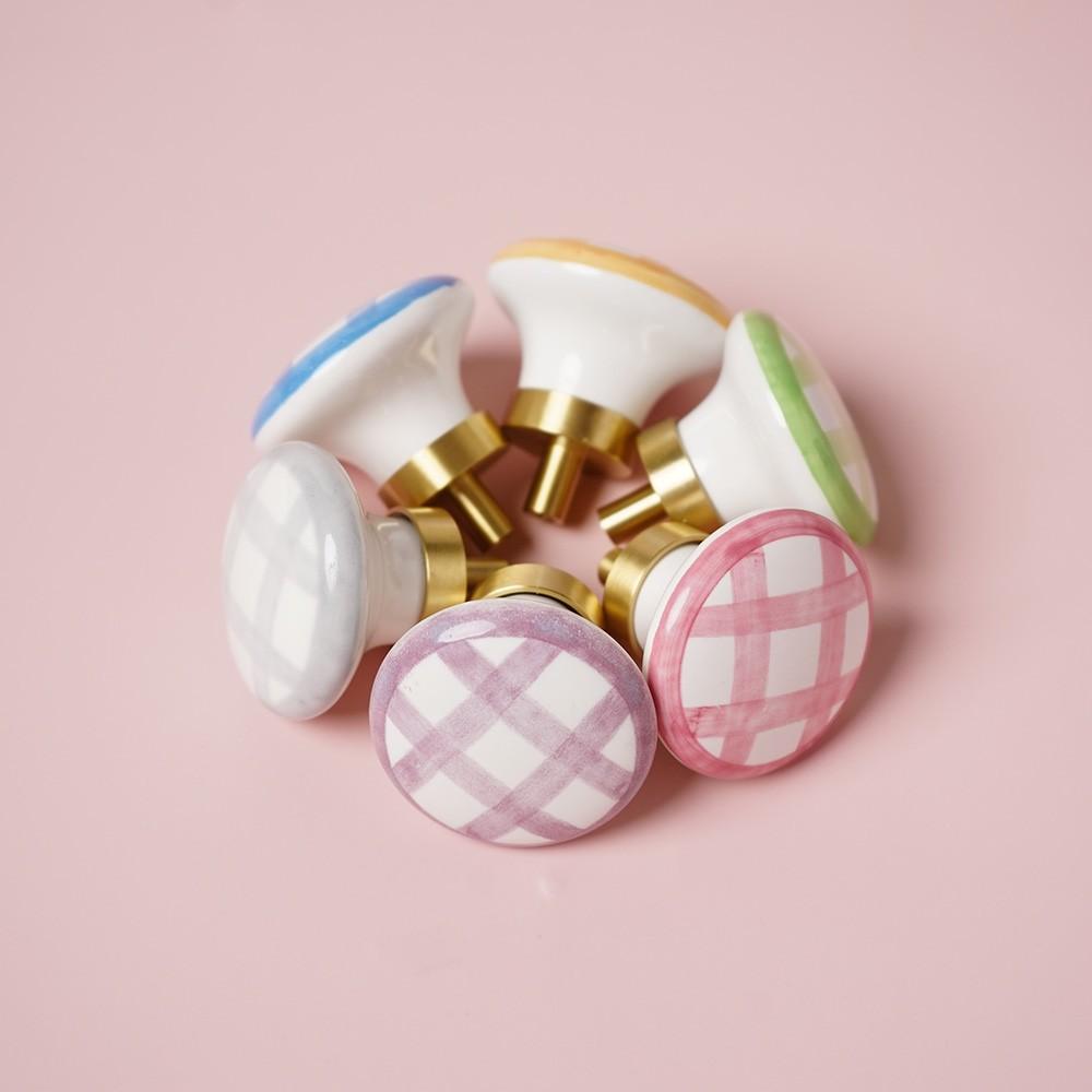 2 Pcs Brass & Ceramic Hand-Painted Grid Pull Handles, Vintage Style Knobs for Wardrobe/cabinet/drawer/Doorknob, 5 Colors, Anti-Oxidation Screws Included