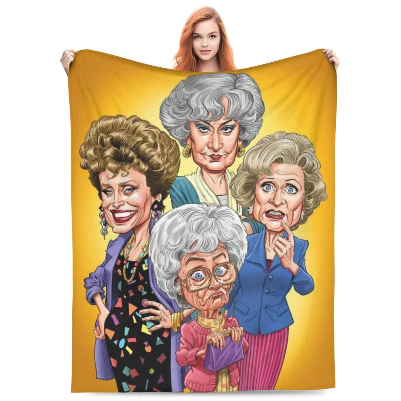 Golden Girls Cartoon Flannel Throw Blanket Soft Lightweight Cozy All Season Blanket For Sofa Bed Office Travel Classic TV Show Fan Bedroom Decor Holiday Birthday Women Best Friend Gift Blanket