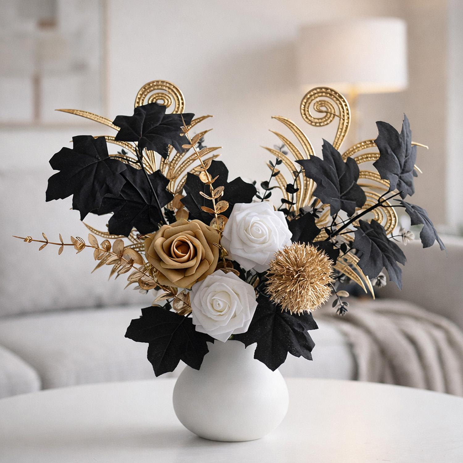 Beautiful Realistic Artificial Flower Bouquet, Maple Leaf, Gold Rose, Rose, Eucalyptus, Ideal for Weddings, Parties, Gifts