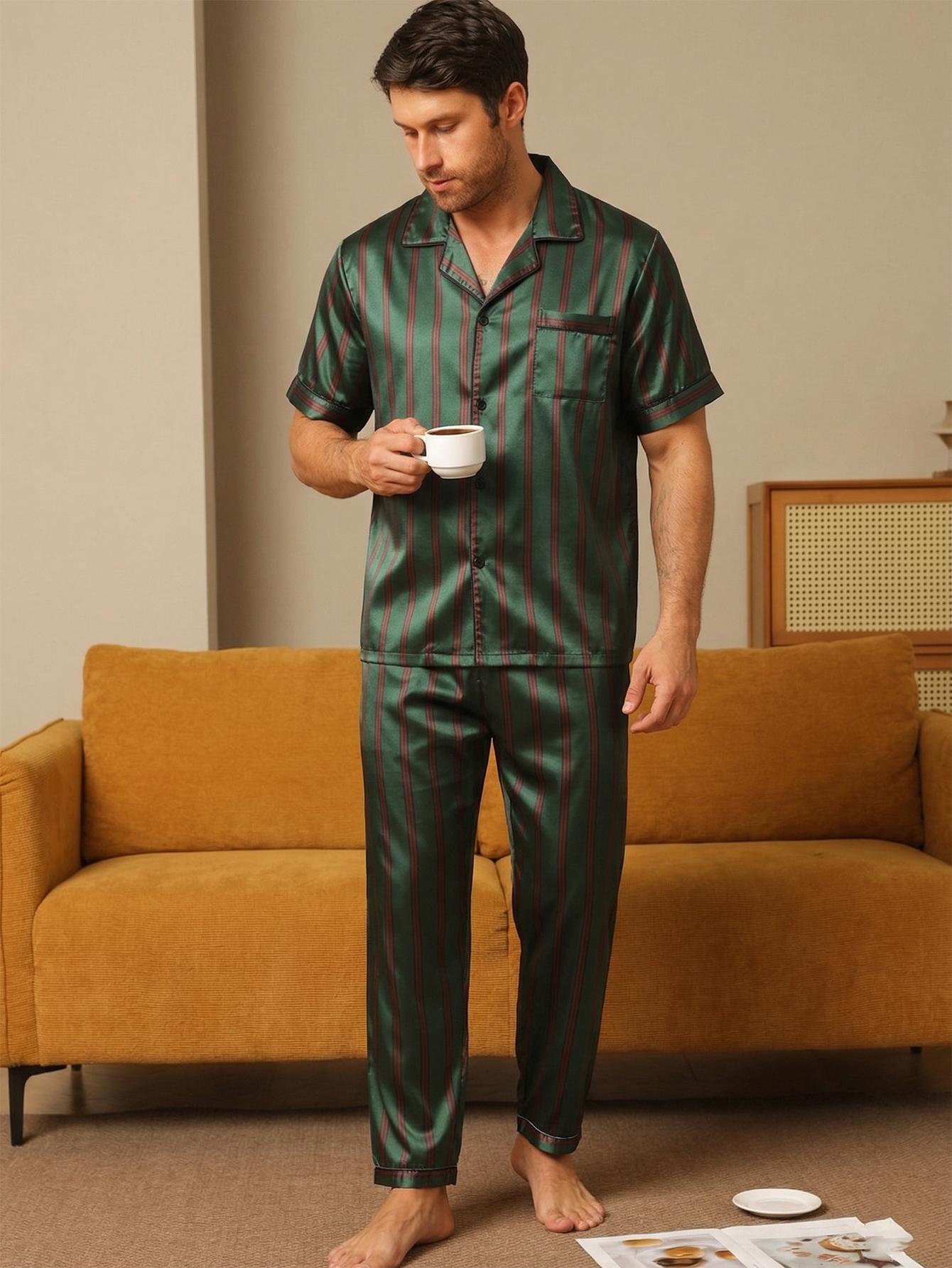 Men's Casual Sleepwear Set, Pajama Set, Thin Ice Silk Striped Fabric, Comfortable Daily Wear, Short Sleeve and Long Pants Button Open Shirt