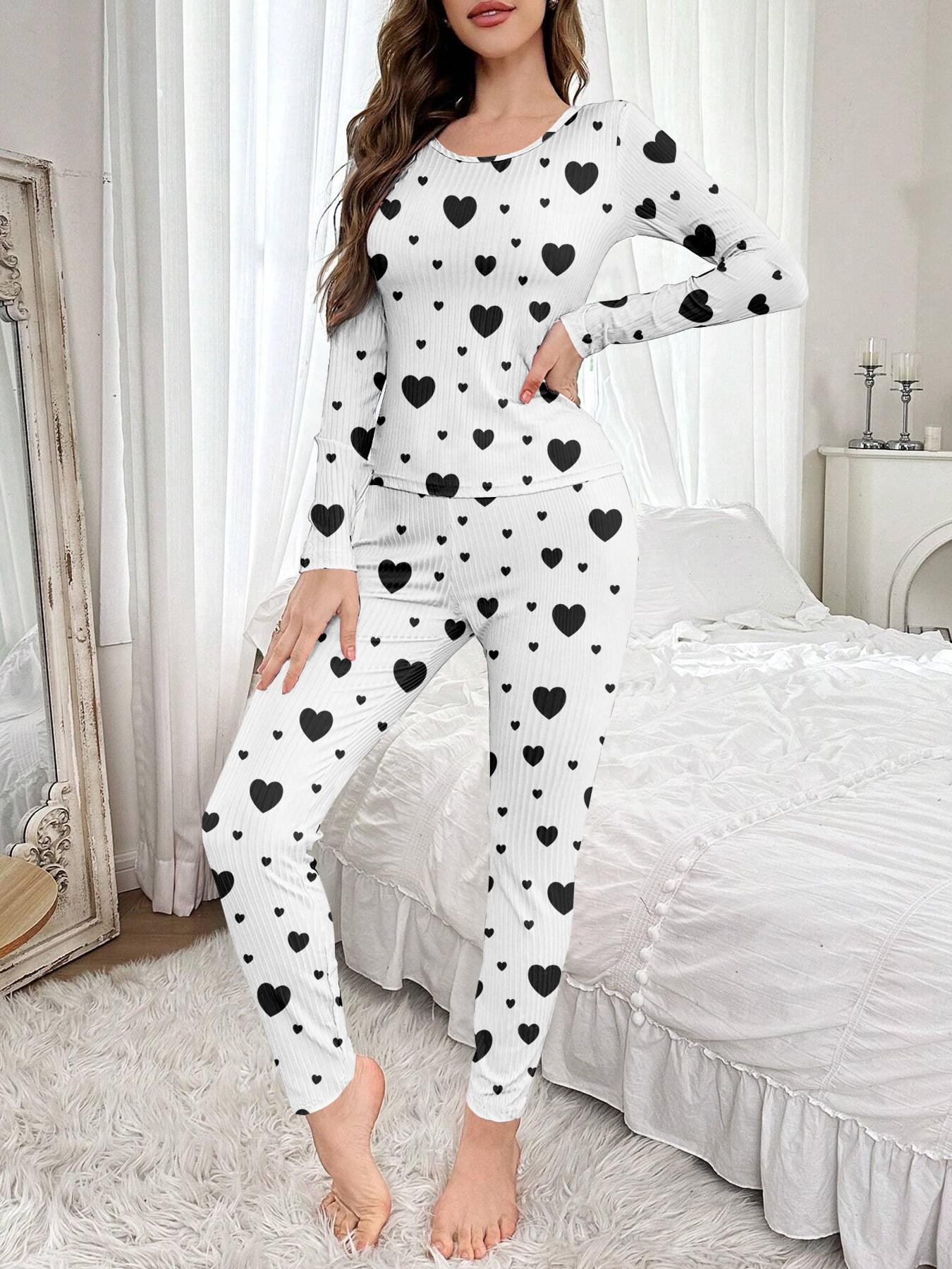 Women's Sleepwear Set, Casual Round Neck Long Sleeve Pants, Romantic Heart Print, Soft Elegant Comfortable, Wearable at Home
