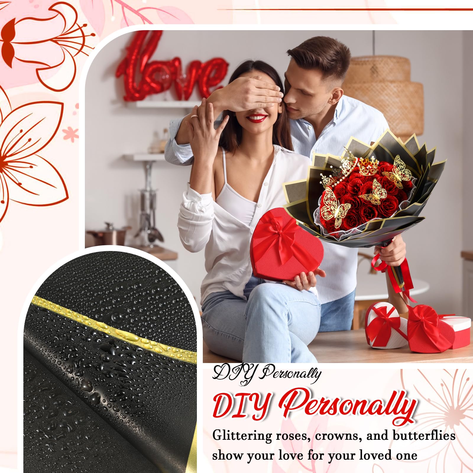 24/36 Pcs Mother's Day Gift Glitter Roses Bouquet Set DIY Fake Flowers Bouquet with 3D Butterflies Crowns Alphabet Stickers & Ribbons for Girlfriend Wife Mom Women Gift Perfect for Valentine's Day Birthday Engagement Wedding Anniversaries Graduation