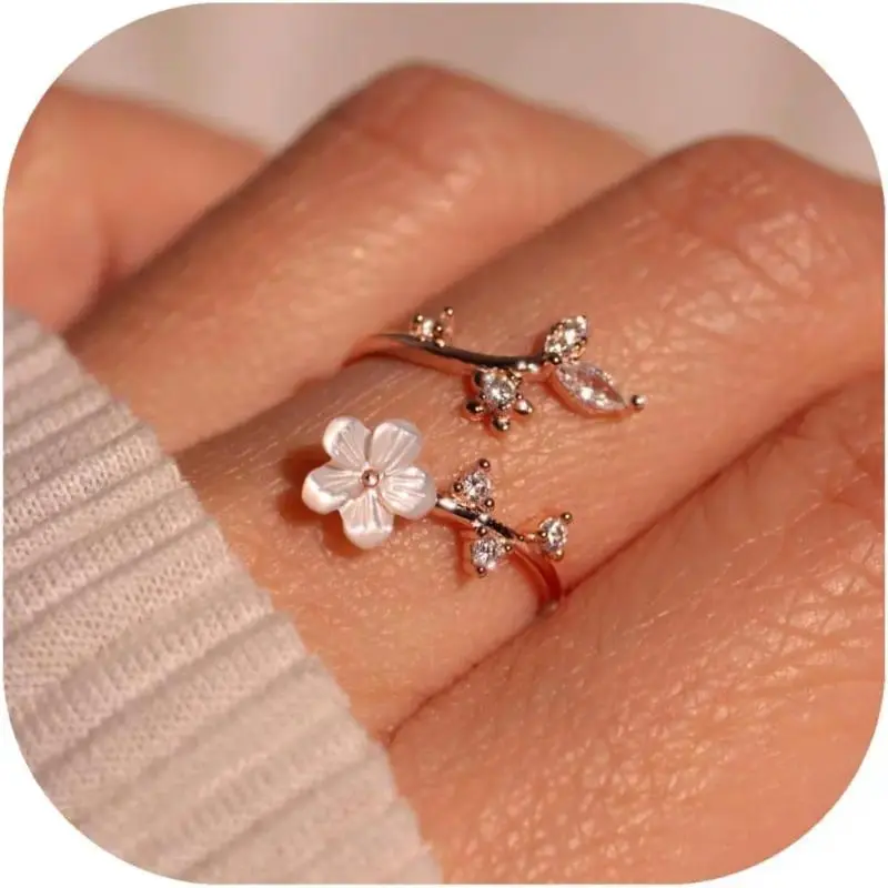 Adjustable 14K Gold/Silver Plated Flower Ring for Women, CZ & Mother of Pearl Non-Tarnish Jewelry Gift Size 7-11 Versatile Design Cubic Zirconia Plating Options Premium Materials durable stylish