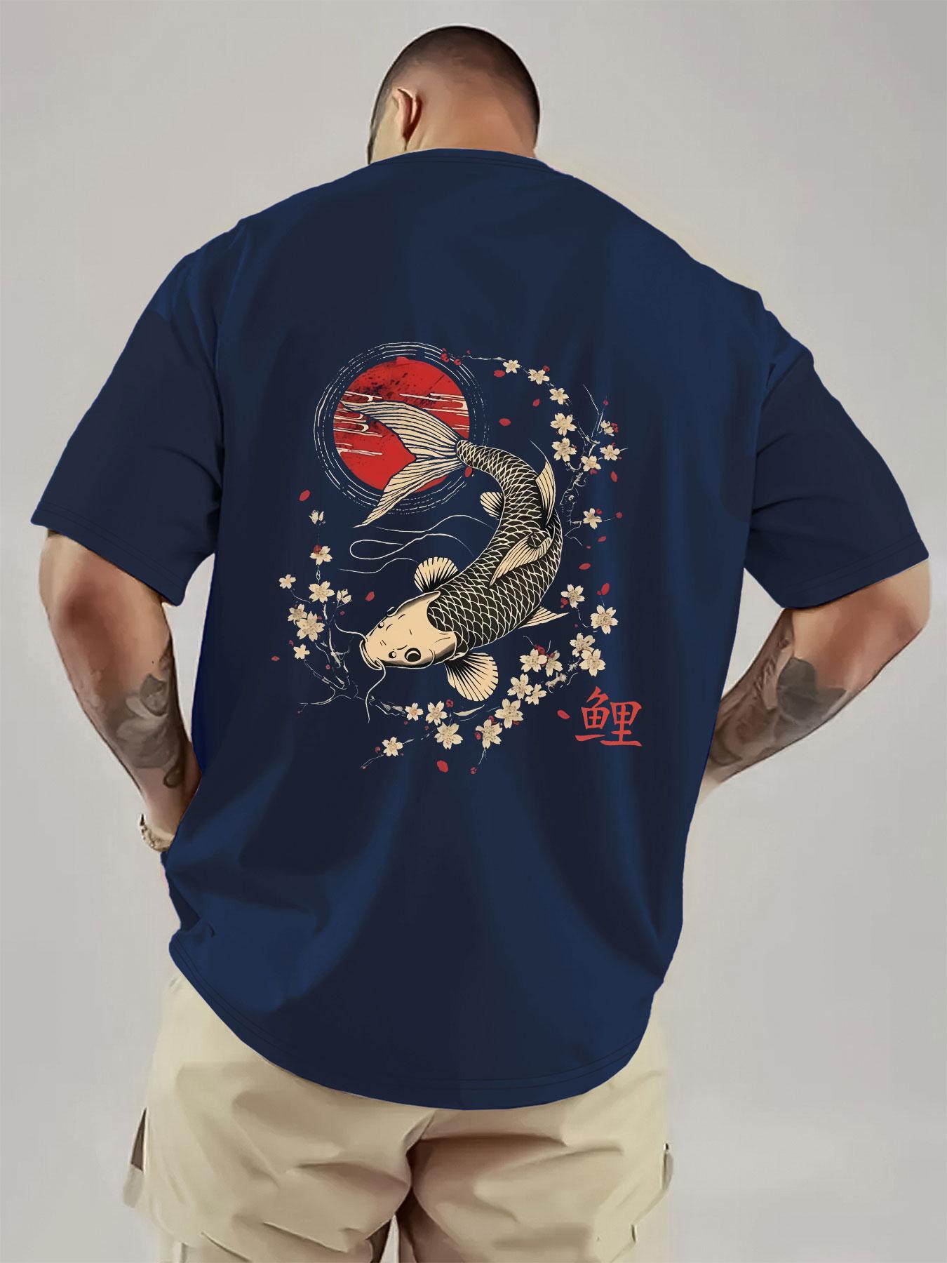 Japanese Koi and Cherry Blossom Print Men's T-Shirt, Breathable Heavyweight Short Sleeve, Streetwear for Music Festivals and Daily Wear