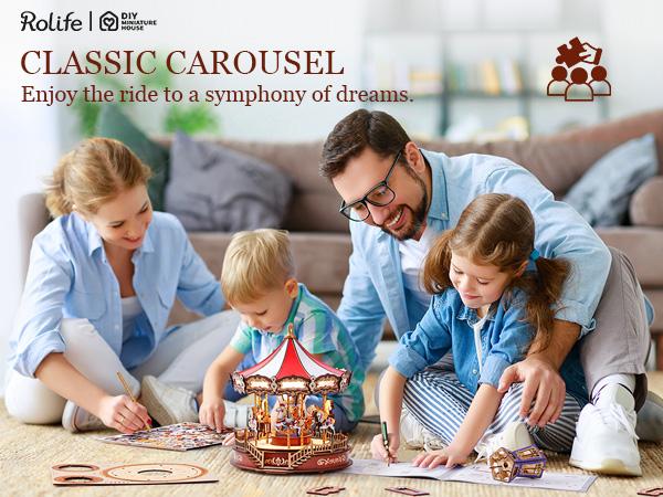 【Christmas Gift】Rolife Classic Carousel 3D Wooden Puzzle DIY Music Box Kit Create Your Own Musical Carousel Perfect Gift for Craft Lovers Birthday Christmas Anniversary Home Decor Idea Fun and Relaxing DIY Project for Adults and Teens Unique Wooden Puzzle