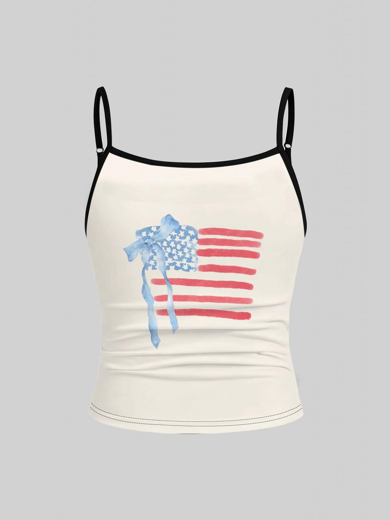1-piece set, featuring a patriotic theme watercolor American flag blue bowknot girls' short Camisole Vest, with adjustable thin shoulder straps, girls' American Independence Day patriotic Casual Flattering Sleeveless style summer camisole shirt