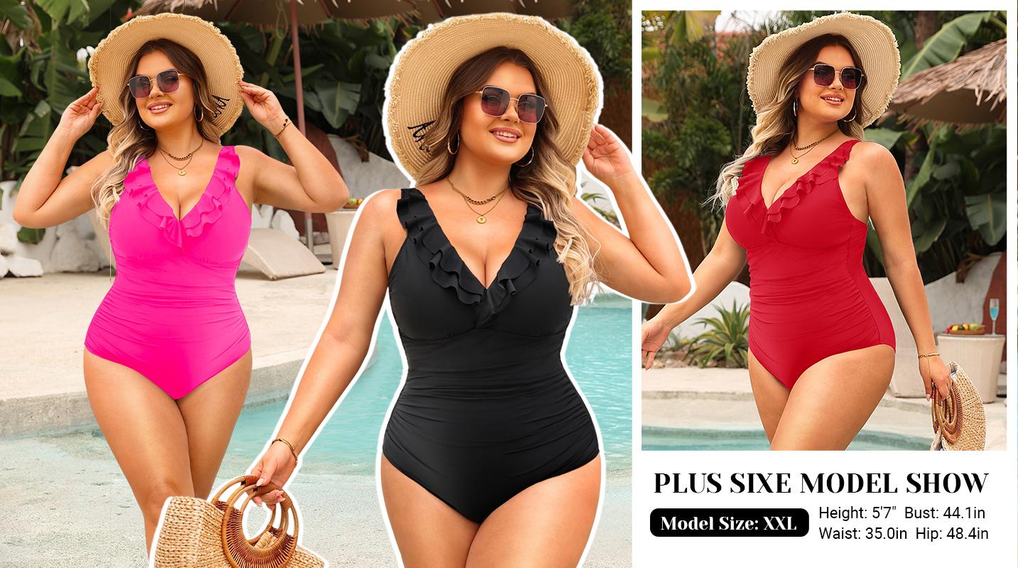Holipick Women's Ruffle One Piece Swimsuits Tummy Control Bathing Suit V Neck Swimwear Slimming for Teen Girls