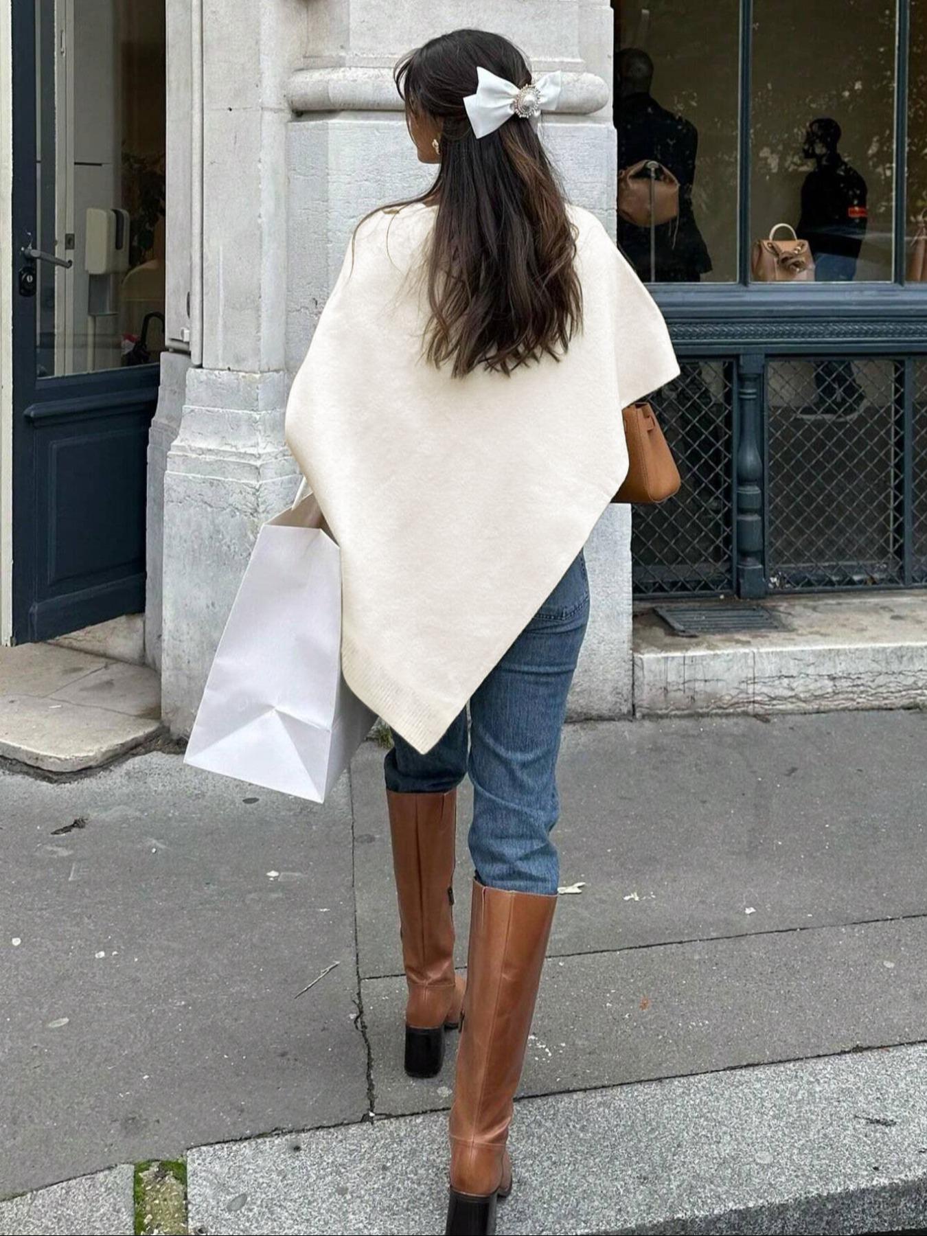 Women's Elegant Loose Solid Color Shawl, Fall & Winter Medium-Weight Knit Wrap, Stylish Versatile Accessory for Women