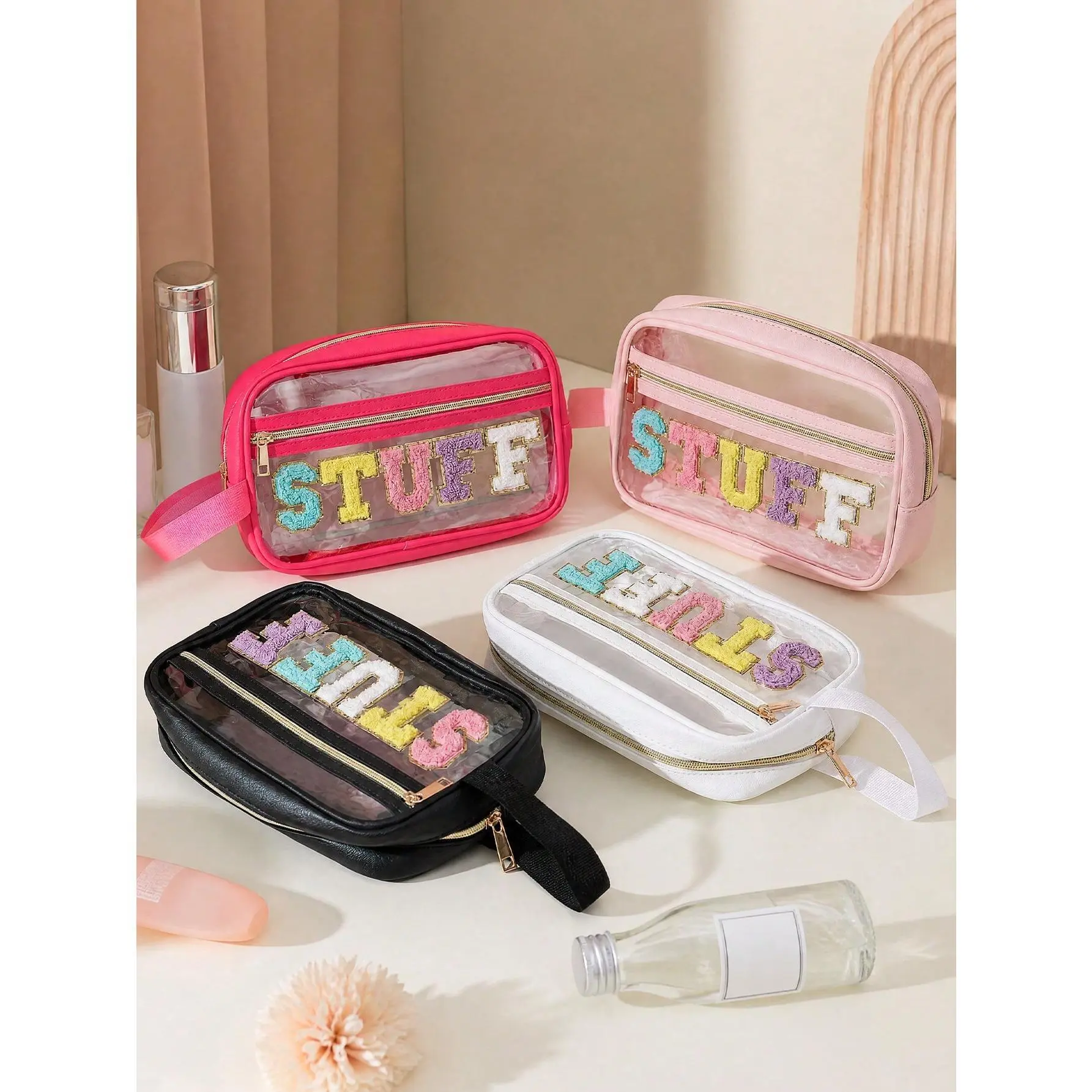 1-4Pcs Preppy Patch Clear Cosmetic Bag - Zippered, Large-Capacity, Portable, Clear PVC & Nylon Glitter Make-up Bag