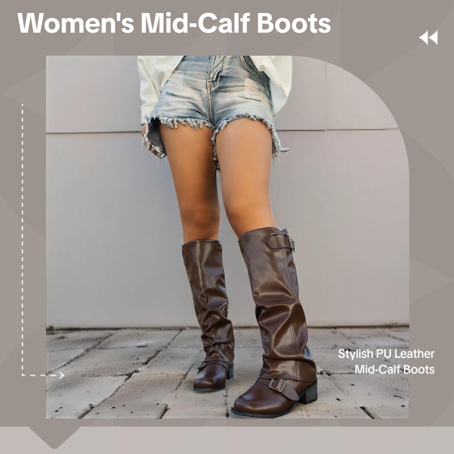 Women's Fashion PU Leather Low Heel Long Boots, Casual Wrinkle Leg Motorcycle Boots, Western Style Biker Boots for Ladies