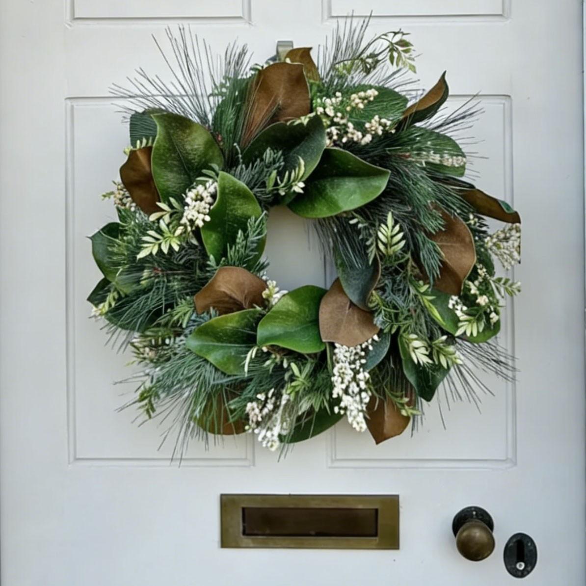 Realistic Magnolia Leaf Front Door Wreath, Summer Greenery Wreath with Pine Needles & Berries, Fall Thanksgiving Decor, All-Season Door Hanger