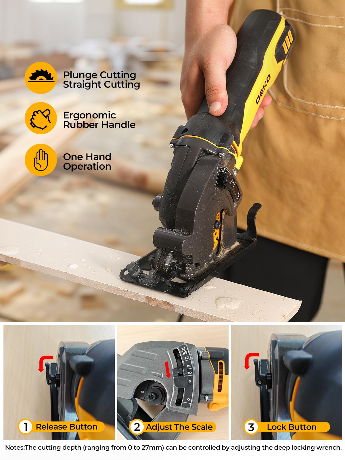 DEKO 5A 600W Mini Circular Saw With 1 Wood, Marble, And Plastic Blade, 5500 RPM No Load Speed, Maximum Cutting Depth 27mm, Multi-Functional Electric Saw For Wood, Soft Metal, Plastic, And Tile DEKO 5A 600W Mini Circular Saw With 1 Wood, Marble, And Plastic Blade, 5500 RPM No Load Speed, Maximum Cutting Depth 27mm, Multi-Functional Electric Saw For Wood, Soft Metal, Plastic, And Tile