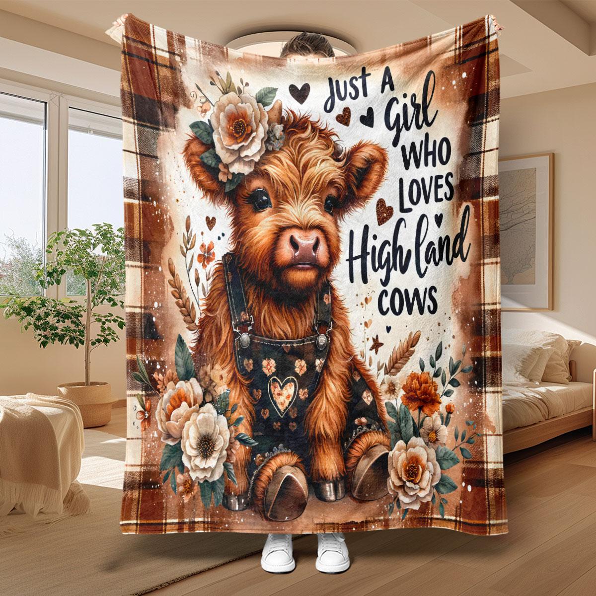 Just A Girl Who Loves Highland Cows Lightweight Throw Blanket, Soft Flannel Fleece Cute Highland Cow Floral Blanket, Western Plaid Nap Blanket for Couch Bed Office Travel, Ideal Gift for Highland Cow Lovers Women Girls Teens