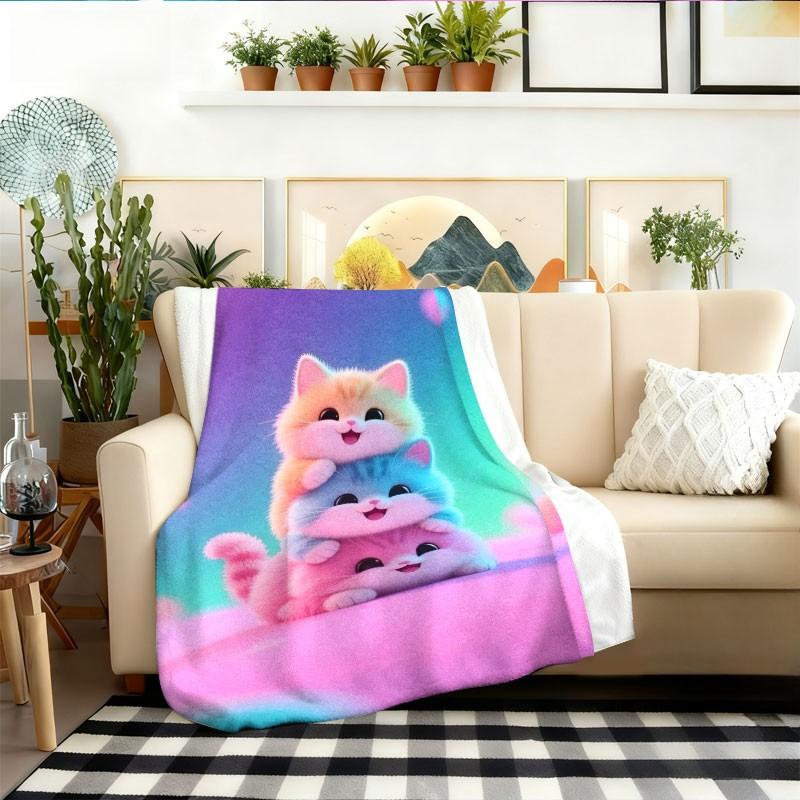 Rainbow Three Cats Pattern Blanket, Soft Warm Plush, Cute Cartoon Design, Home Bedroom Essential, Multi-Purpose