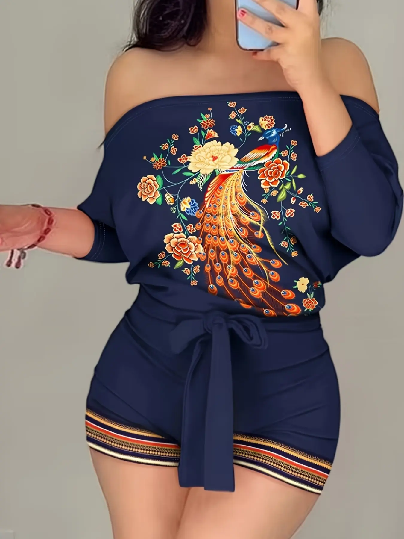 Women's Vintage Ethnic One-Shoulder Tie Waist Romper, Peacock Print, Loose Fit, Perfect for Daily Wear and Vacation