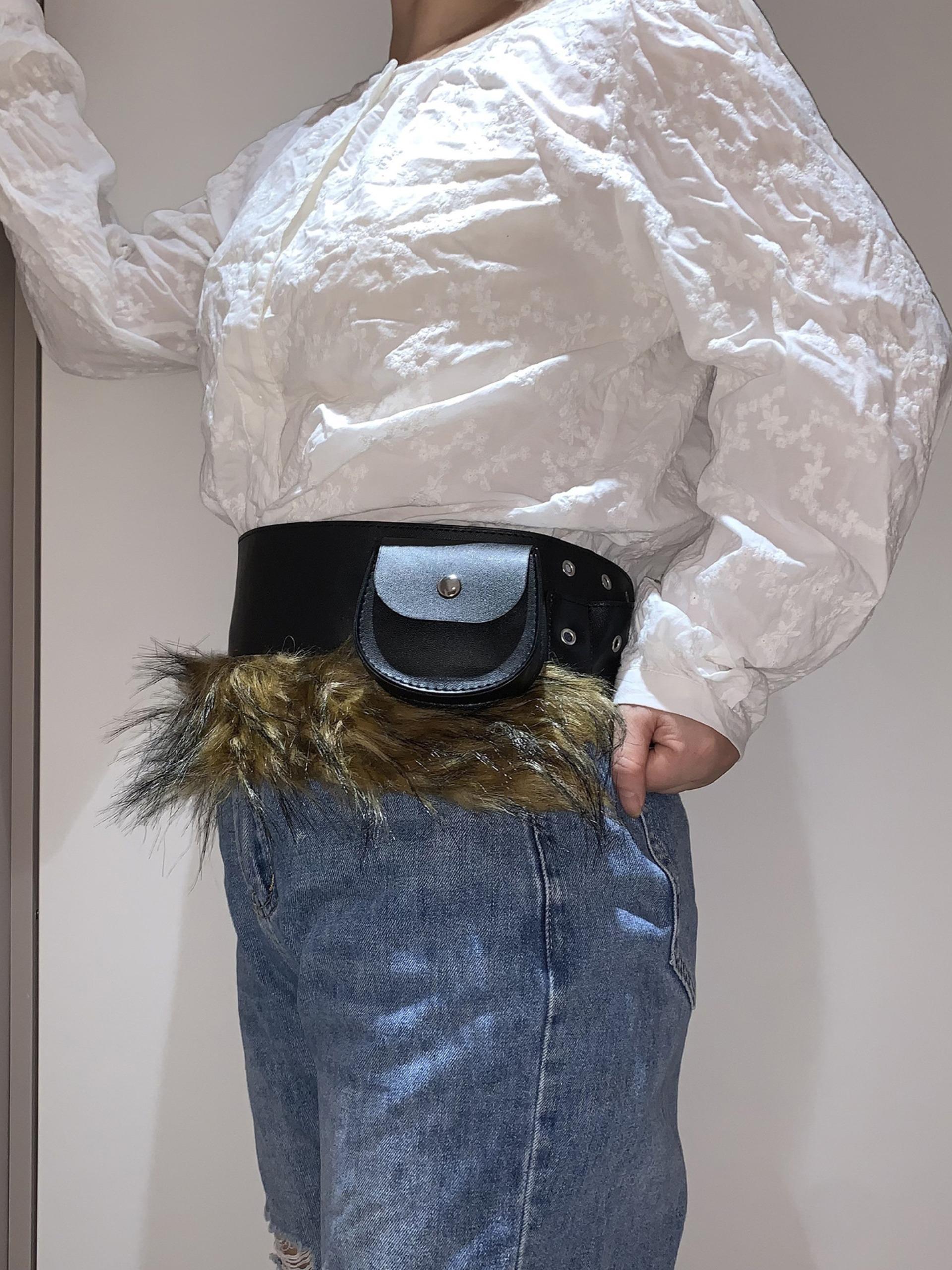 Wide Belt Mini Waist Bag, Plush Oval Mouth Pouch, Tummy Pouch, Stage Performance Costume Accessory, Patchwork Design, All Seasons Wear