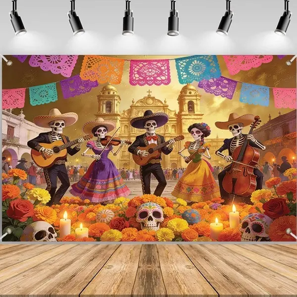Mexican Day of the Dead Backdrop Banner 70.8 x 45.2 Inch, Colorful Skeleton Music Party Background, Dia de los Muertos Floral Skull Wall Hanging, Mexican Fiesta Halloween Party Photo Booth Decoration