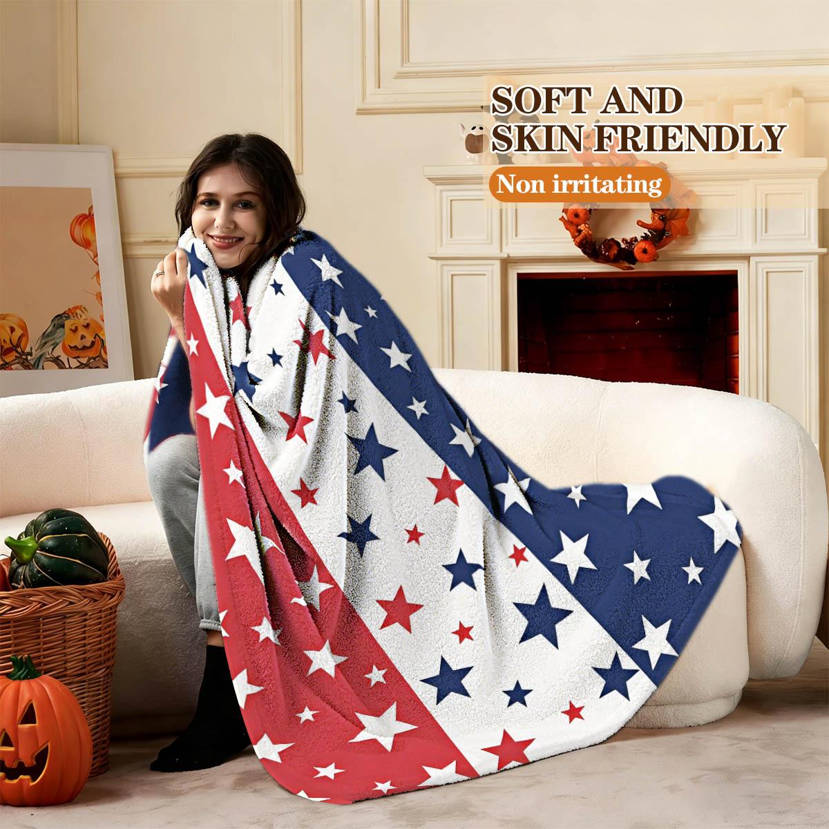 Striped Star Print Blanket, Soft Flannel, Breathable Warm Cozy, Sofa Bedroom Pet Use, Multiple Sizes Available, Gift Idea