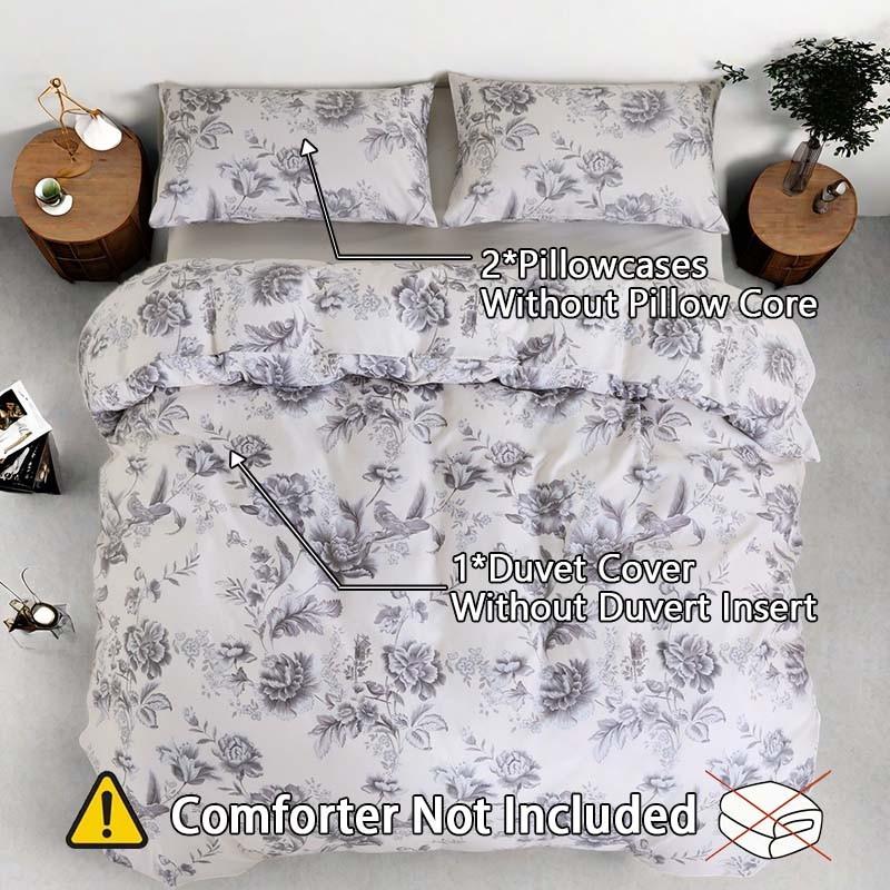 Spring & Summer Refresh, Ink Wash Floral and Bird Print 3-Piece Duvet Cover Set, Includes 1 Duvet Cover and 2 Pillowcases (Without Insert), Soft and Comfortable, Machine Washable for Easy Care.