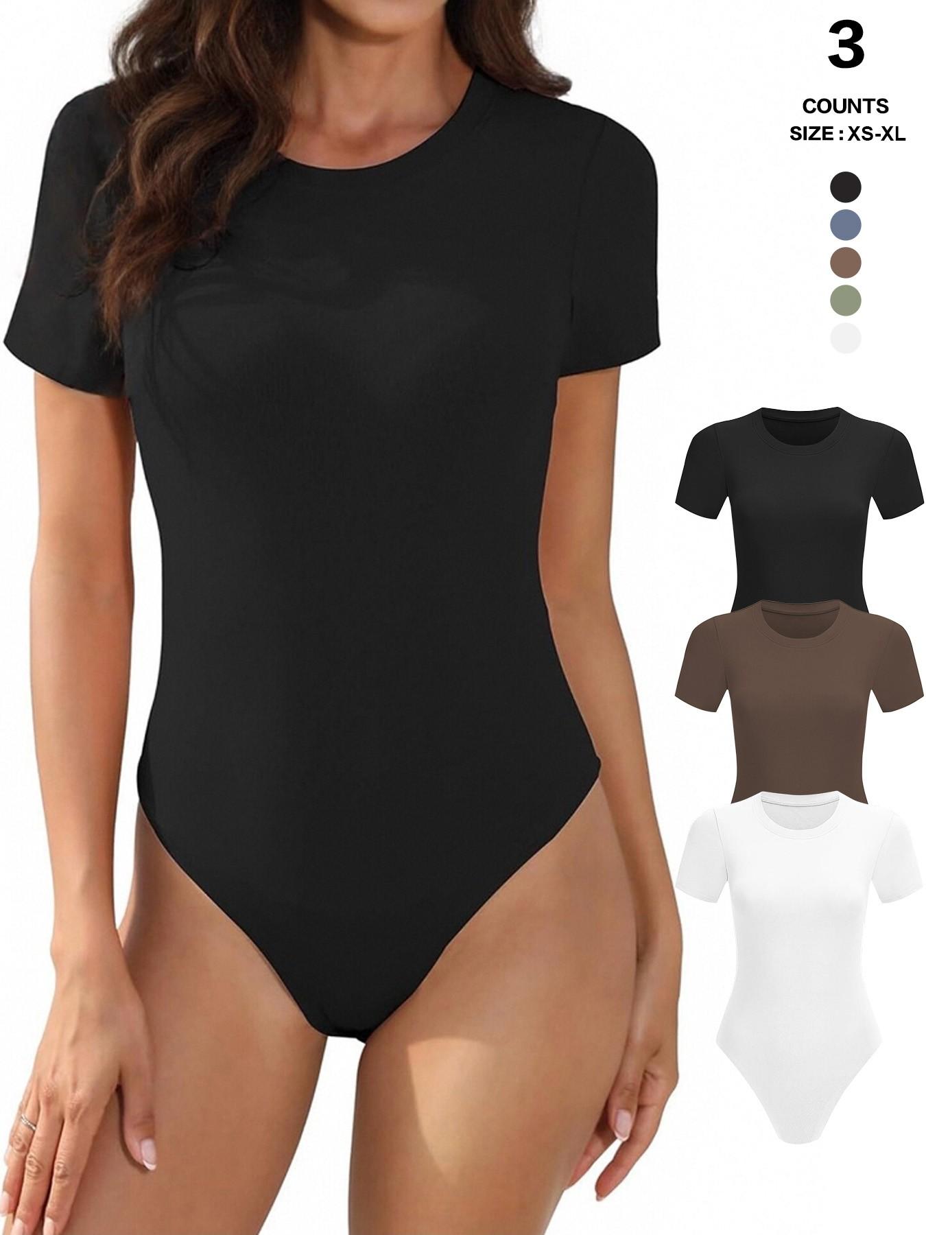 Body Suits for Womens Short Sleeve Round Neck Casual Stretchy Basic T Shirt Bodysuit Tops Underwear