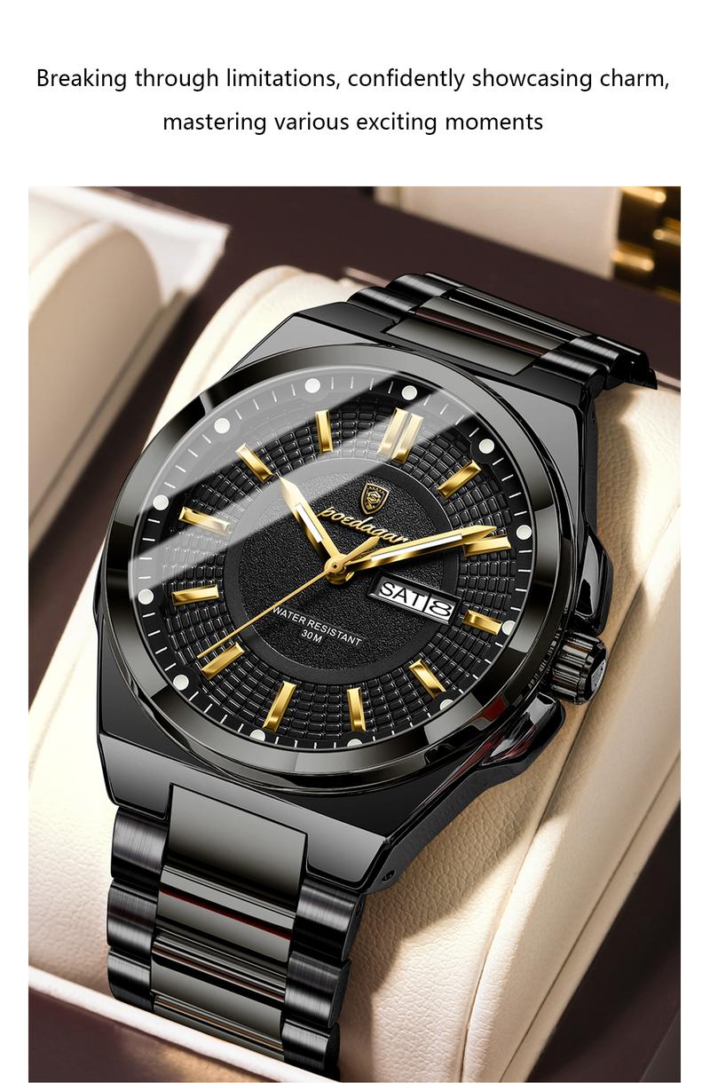 Poedagar Top Business Men's Watches, Stainless Steel Waterproof Luminous Man Watch, Date Week Display, Casual Fashion Quartz Wristwatch, Stylish Watch