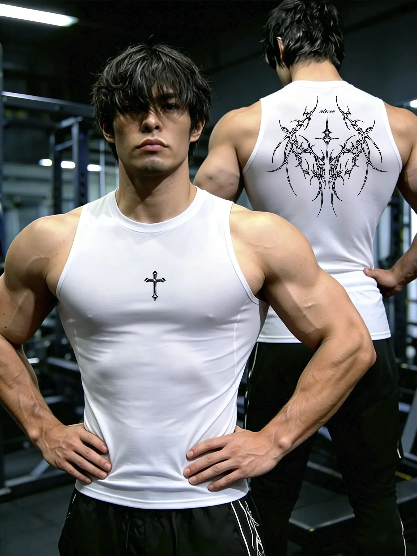 Men's Summer Fitness Vest, Cross Thorns Dual-Sided Print, Quick Dry Breathable Sleeveless Top, Ideal for Outdoor Activities & Daily Wear