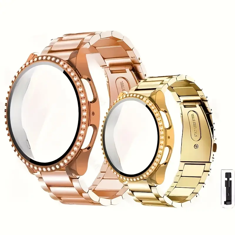 Strap+Case+Tool for SamSung for Galaxy Watch 6 & 7 & 5 & 4- 40mm/44mm Metal Watch Band Stainless Steel Strap+ Rhinestone Full Screen PC Cover+Link Remove Tool