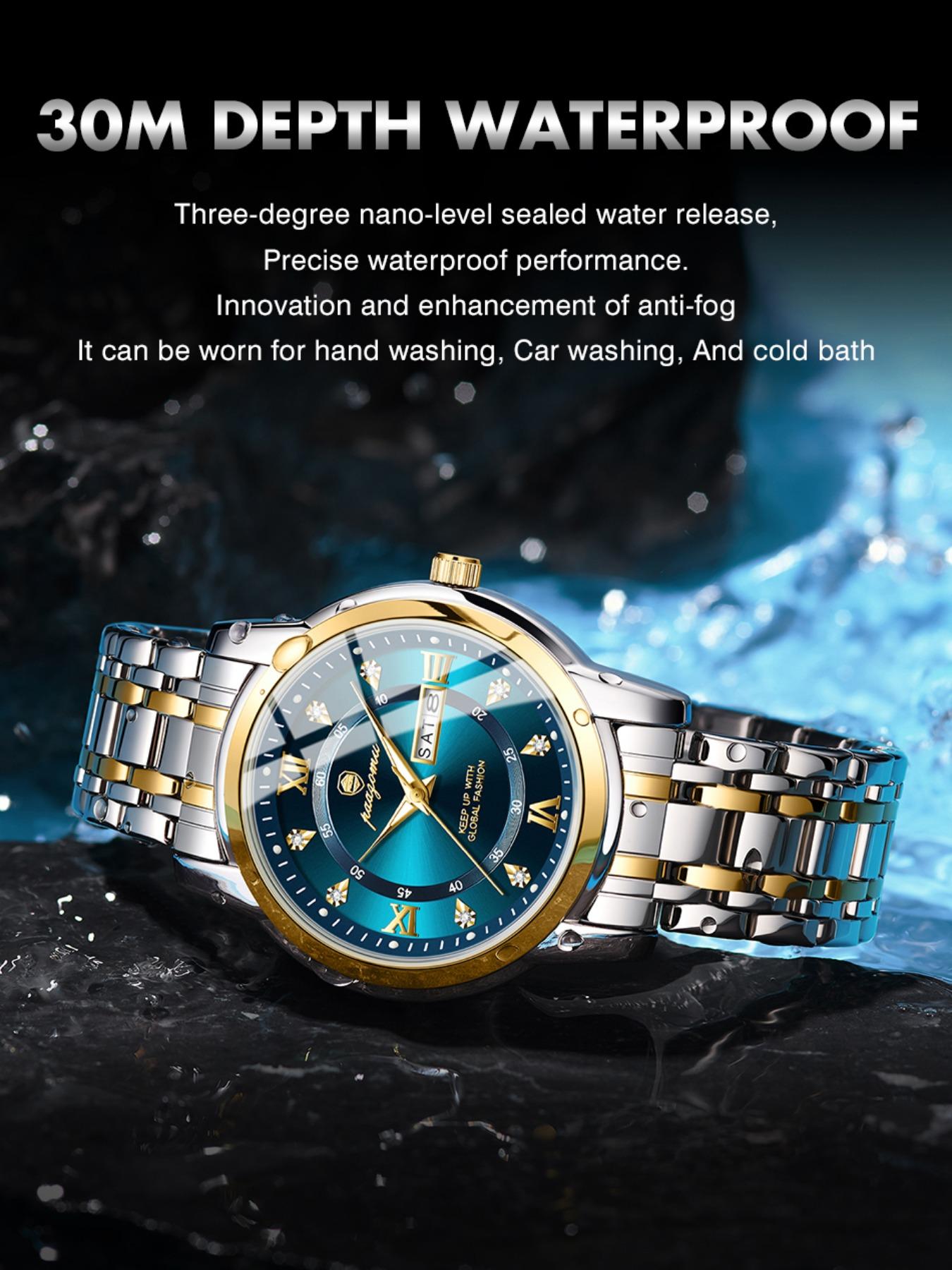 Paazomu Men's Wristwatch, Stainless Steel Waterproof Luminous, Casual Quartz Watch with Date and Week Display, Stylish Business Accessory