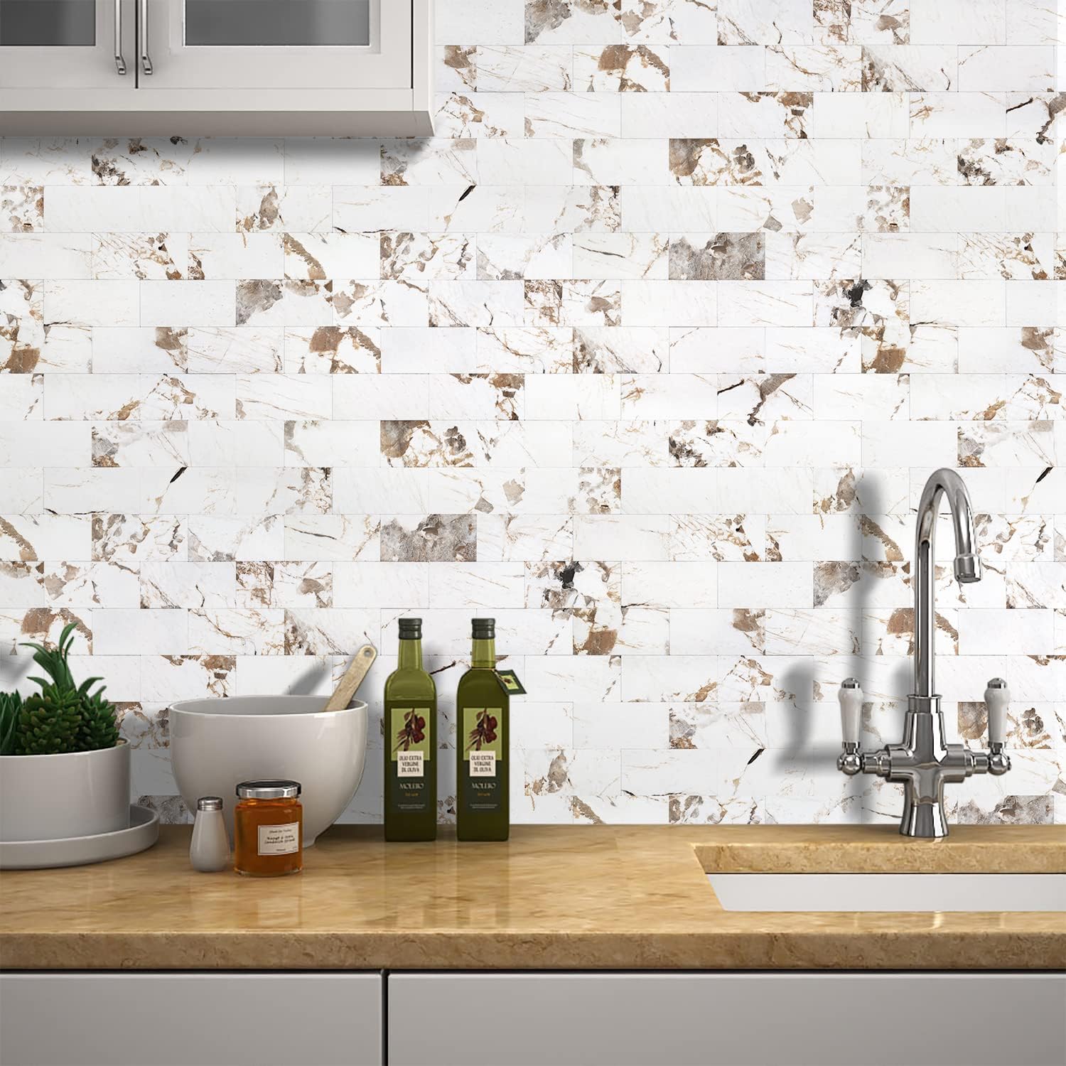 STICKGOO 10Pcs Peel and Stick Backsplash, Subway Tile Stickers for Kitchen and Bathroom - Dolomite White Marble Self Adhesive Waterproof Waterproof Removable Adhesive Textured Wall Paper Vinyl