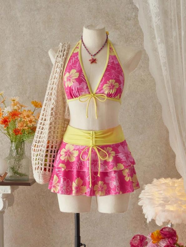 Women's Summer Beach Festival Print Halter Bikini Set, Casual Vacation Style, Fitted Tank Top and Skirt Three-Piece Suit, Bikini Outfits Women's Summer Beach Festival Print Halter Bikini Set, Casual Vacation Style, Fitted Tank Top and Skirt Three-Piece Suit, Bikini Outfits