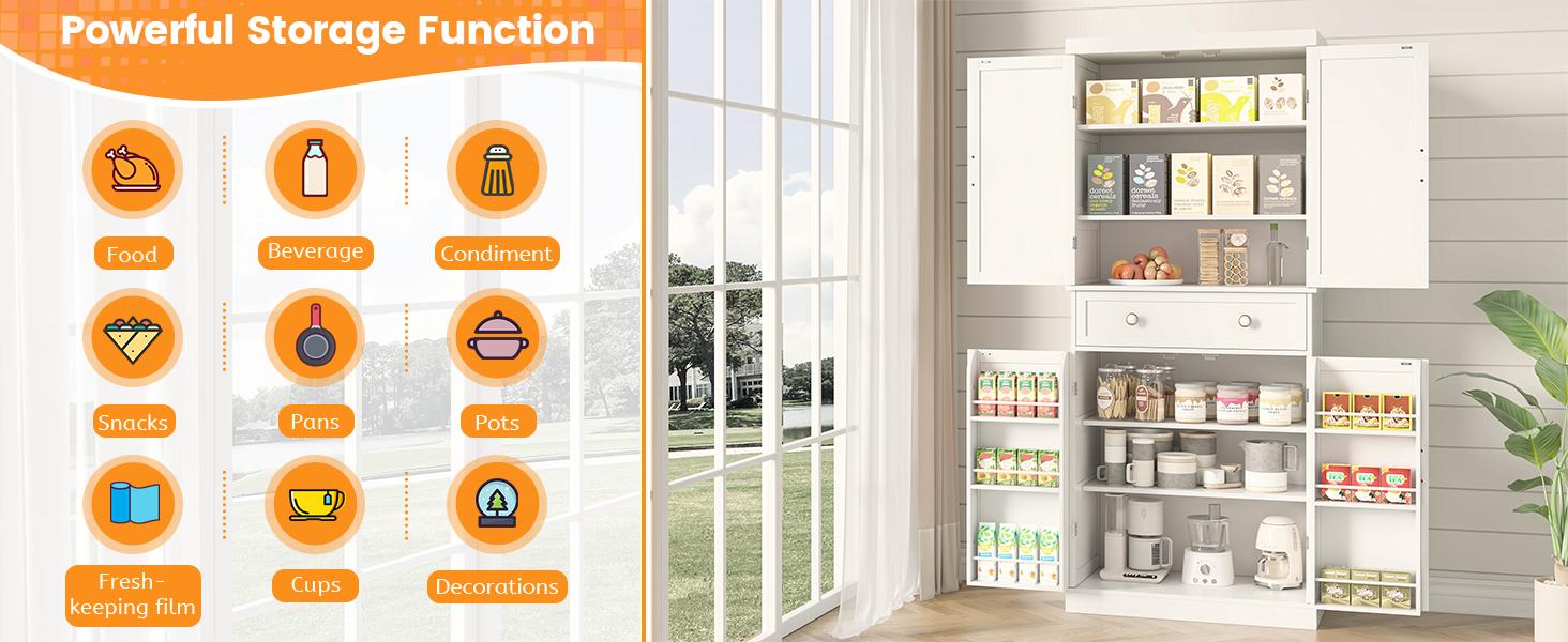 72” Pantry Cabinets, Tall Kitchen Pantry Cabinet with Drawer and Adjustable Shelves, Buffet Cupboards Kitchen Pantry Storage Cabinet for Kitchen, Living Room, Dining Room Use