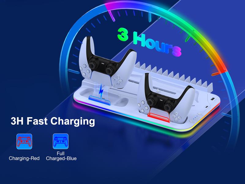 PS5 Stand and Cooling Station with Controller Charging Station for PS5 Slim, PS5 Accessories 3 Levels Cooling Fan, RGB Light, 15 Game Storage, Headset Holder for Playsation 5 Digital/Disc