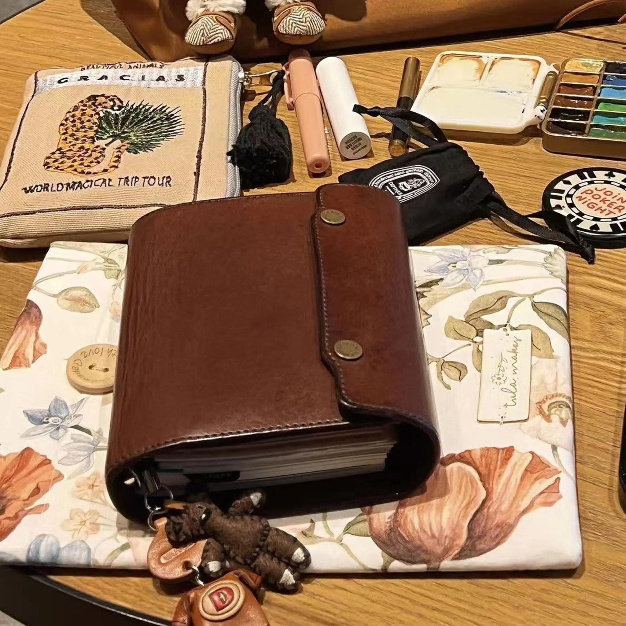 Vintage M5 Handmade Leather Three-Fold Notebook, Student Travel Planner, Diary, Journal, School Supplies, Retro Style