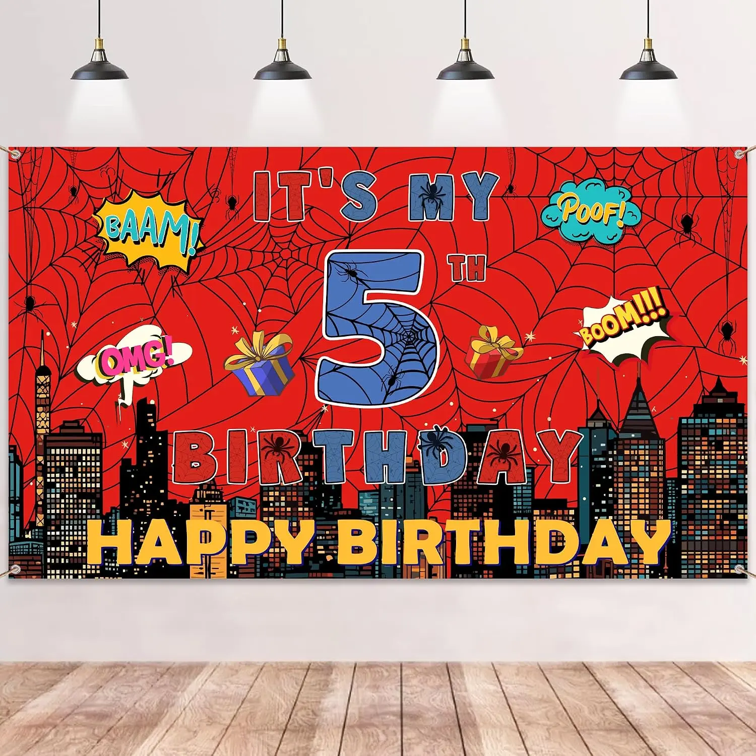 Spider Web 5th Birthday Banner - Red Webs Large Happy Birthday Backdrop Decorations(71×43 Inch), Red Blue Photo Booth Photography Background Supplies for Kids Boys 5 Year Old