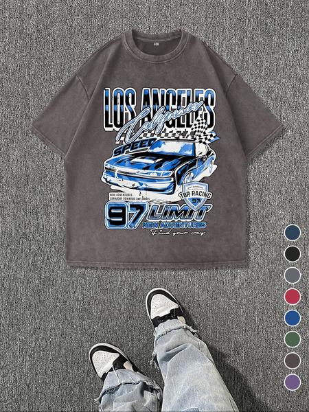 Men's Regular Fit Car Graphic Print Round Neck Tee, Vintage Trendy Casual Short Sleeve T-shirt for Daily Wear, Ladies Summer Outfit, Top