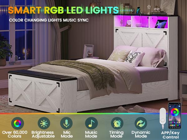 Hasuit Farmhouse Bed Frame Twin Size with Storage Headboard, Charging Station and LED Light, Wooden Twin Bed Frame with Storage Ottoman, Barn Door Design, No Box Spring Needed, No Noise