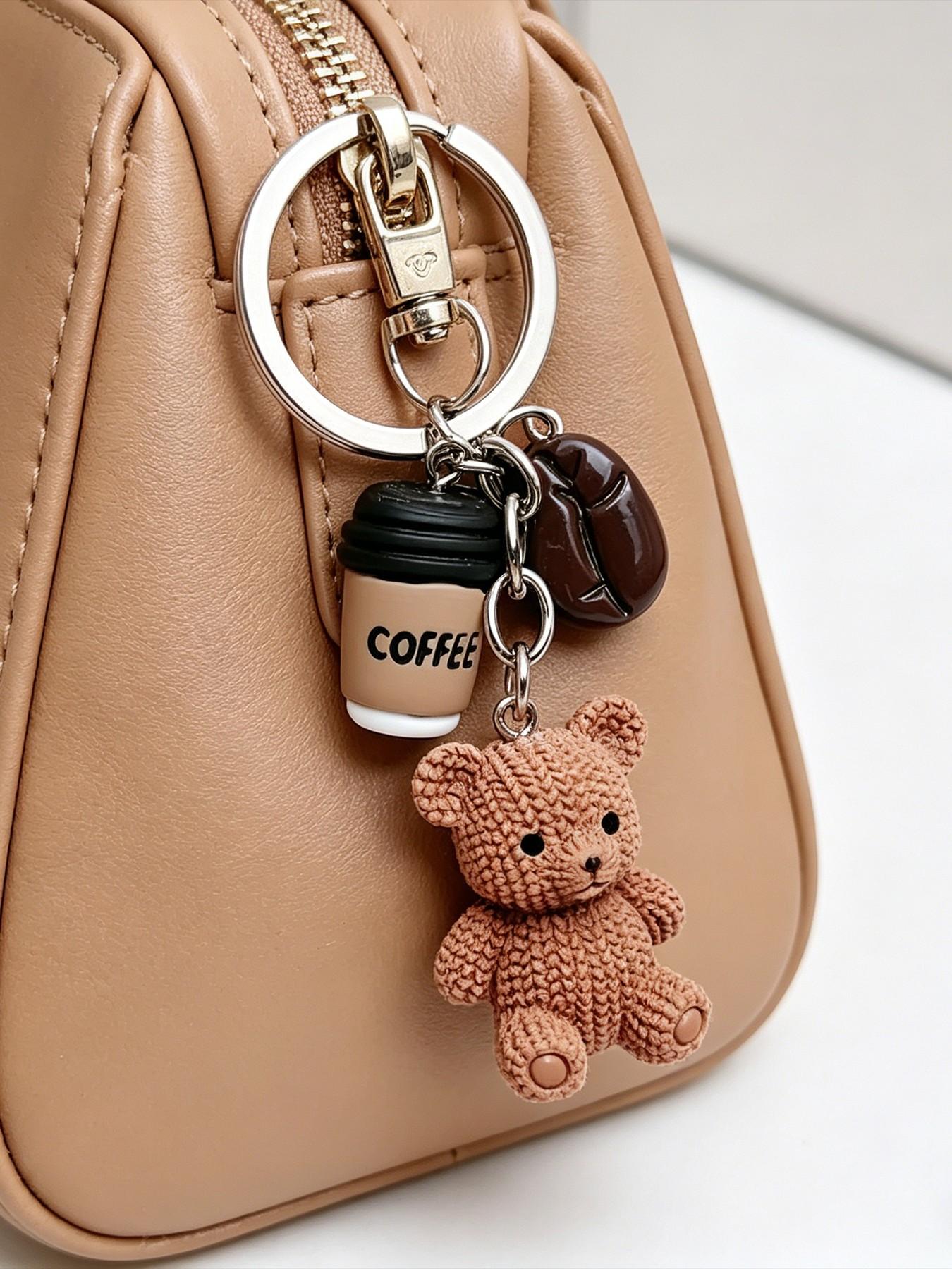 Cute Teddy Bear Coffee Charm Keychain, Bag Decoration, Fashion Accessory for Women, Birthday Gift, Party Favor