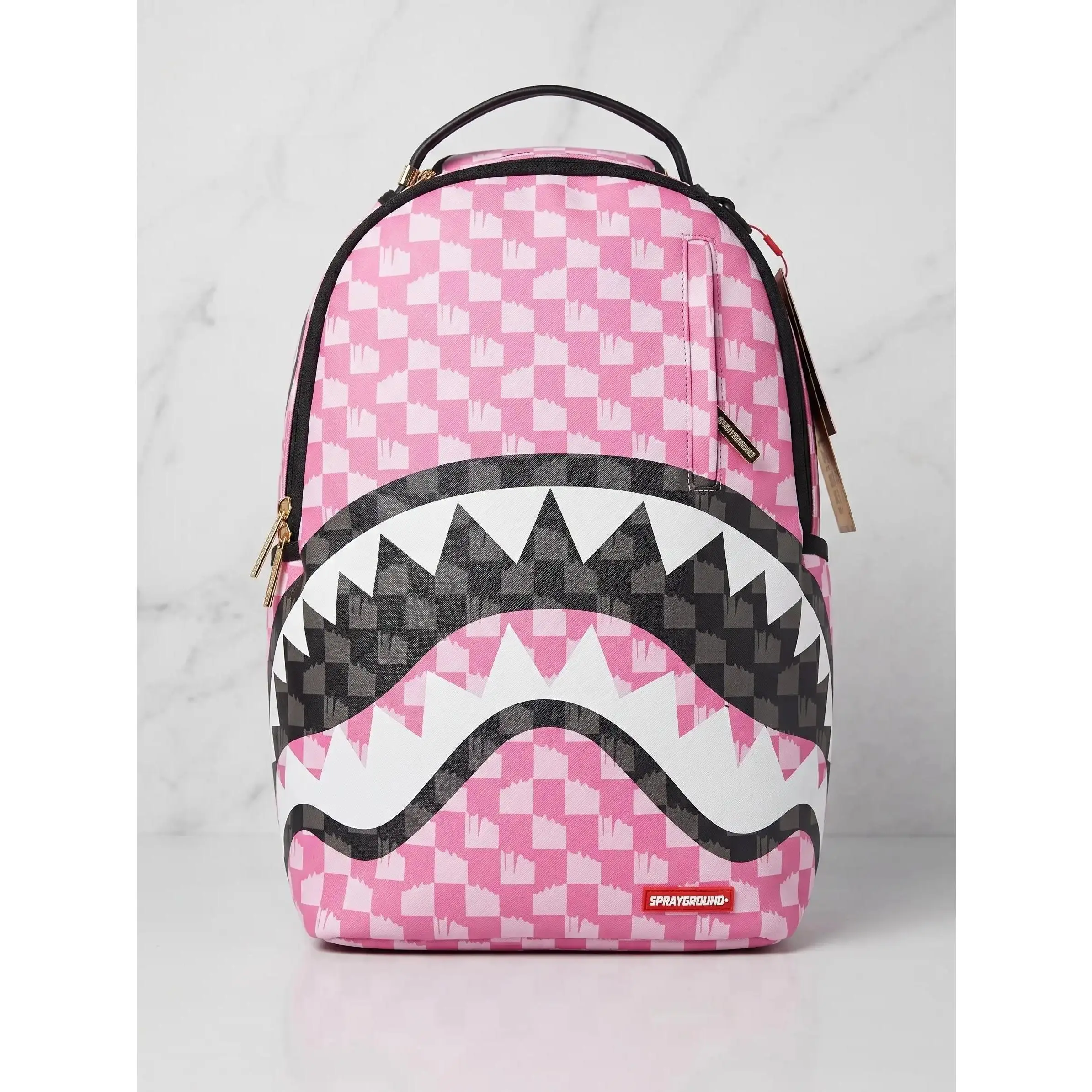 SG Pink Shark Mouth Backpack, Black White Grid Shark Streetwear School Travel Bag, Spacious Durable Laptop Daypack for Women, Urban Sweet Backpack
