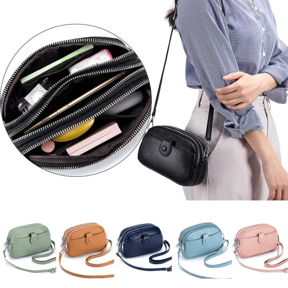 Women Crossbody Bag Genuine Leather Sling Bag Multi 3 Zipper Pocket Mini Shoulder Lightweight Handbag Adjustable Strap Phone Purse for Daily Travel