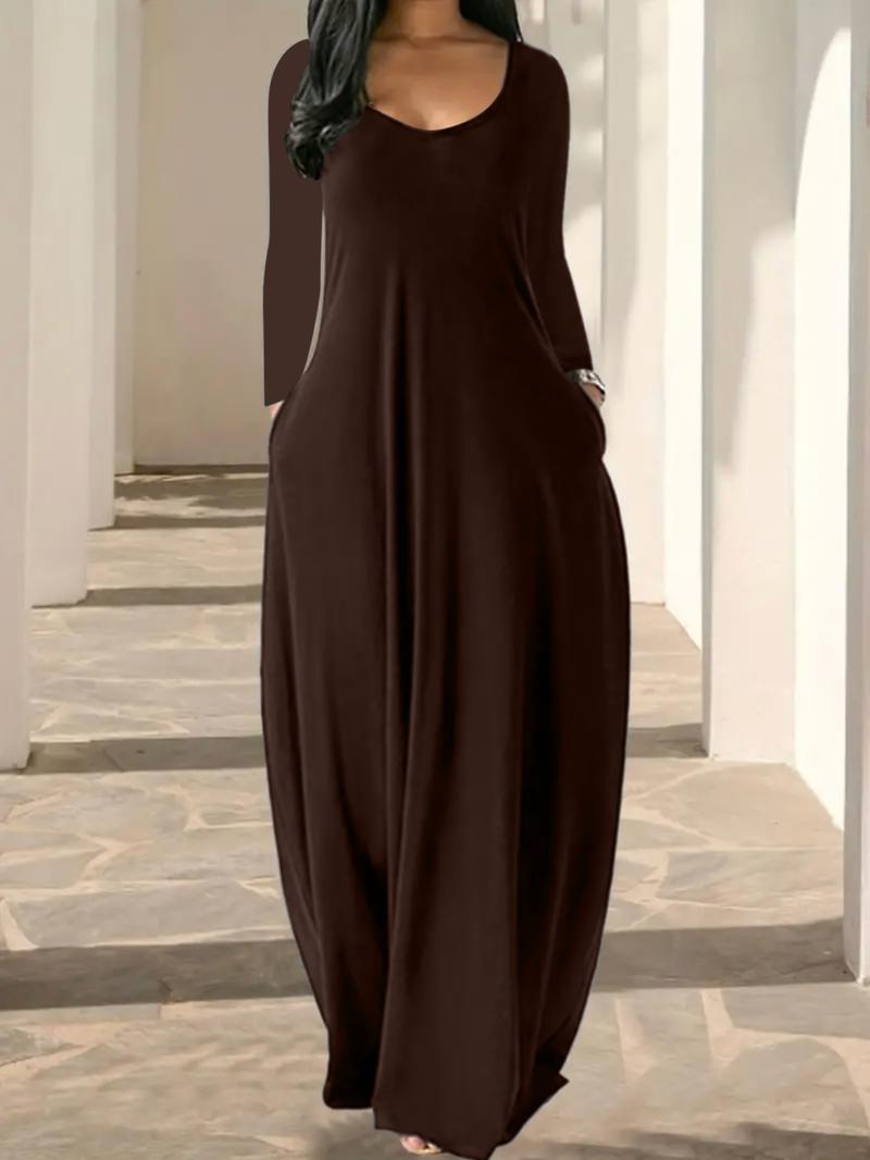 Women's Solid Color Pocket Lounge Dress, Casual Comfy Long Sleeve Dress for Daily Wear, Ladies Sleepwear Loungewear for All Seasons