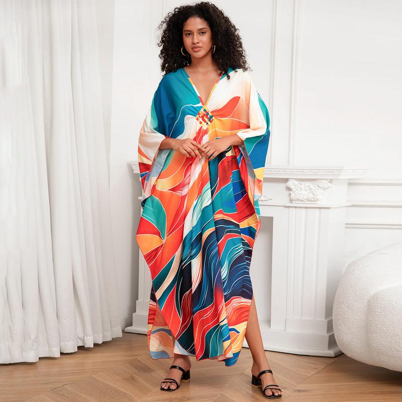 Bsubseach Women Ethnic Print Kaftan Beach Dress Plus Size Swimsuit Cover Up