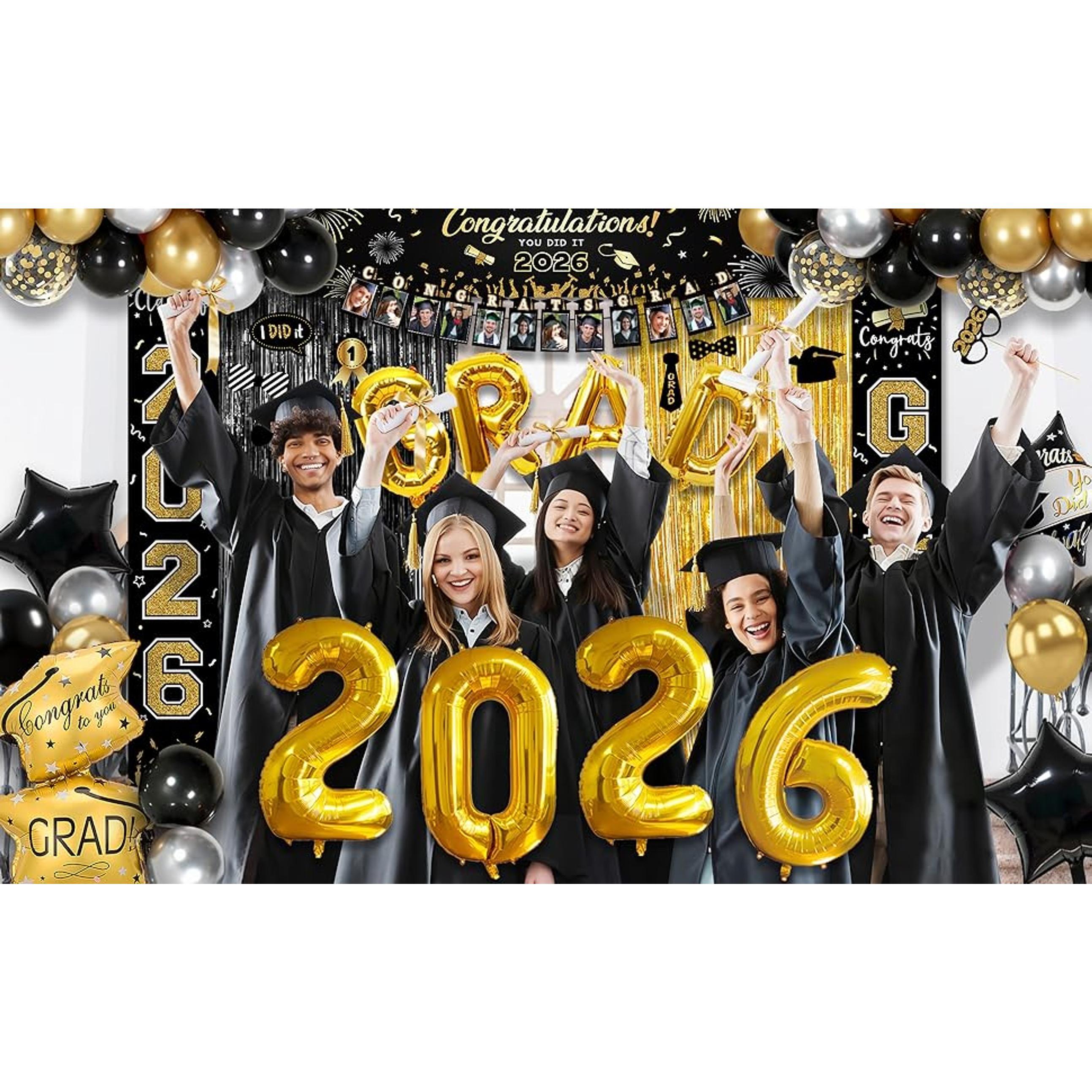 125-Piece Black and Gold Graduation Decorations Pack, 2026 Class Congrats Grad Supplies Set with Photo Banners, Tablecloth, Balloons, Cake Toppers, Decorations Supplies, Party, Box, Balloon Arches, 12” Latex Balloons