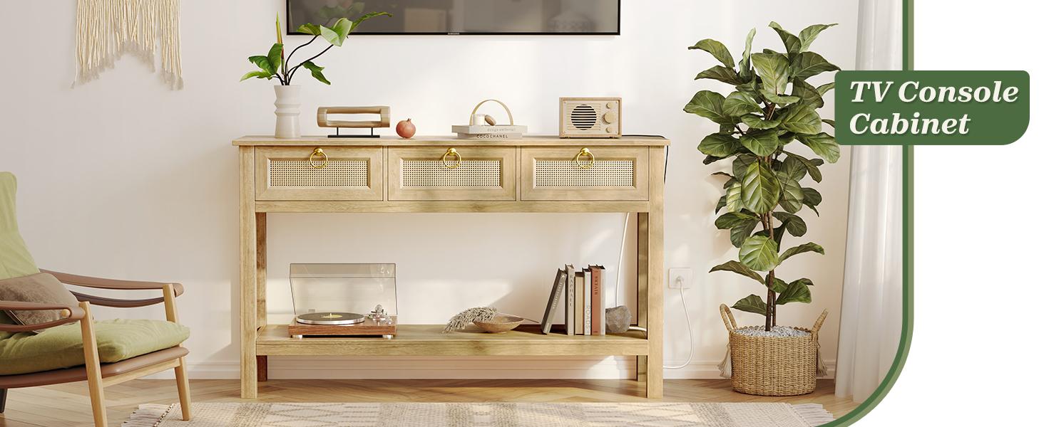 SUPERJARE Rattan Console Sofa Table with Outlets and USB-C Port, 3 Drawer Entryway Table with Synthetic Rattan Surface, Open Shelf, Behind Couch Entry Foyer Hallway Storage
