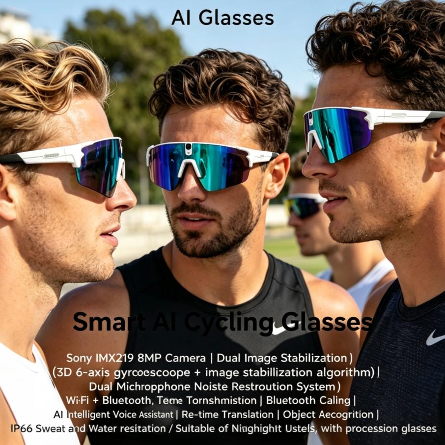 AI Smart Cycling Glasses with 8mp Hd Camera Six-jewel Gyroscope Image Stabilization Dual Microphone Noise Reduction Ip66 Waterproof And Sweatproof 90% Uv Protection Long-lasting Magnetic Charging Outdoor Cycling Sports Smart Glasses