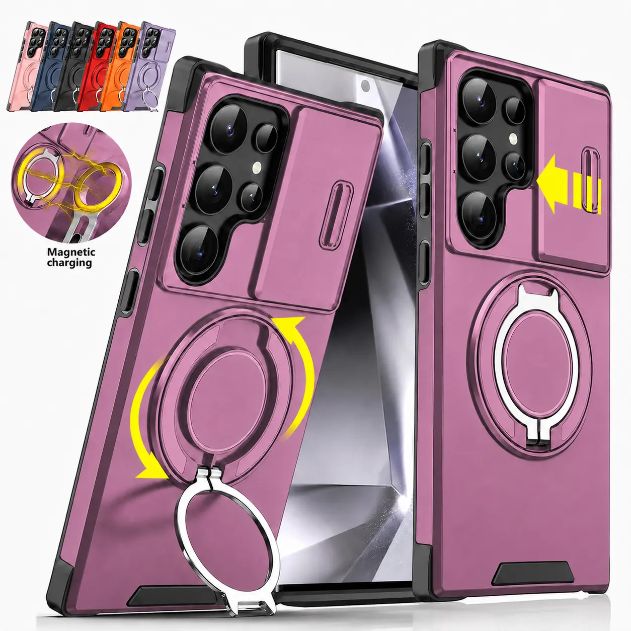 OREKROY Shockproof Magnetic Case for Samsung Galaxy S26/S25/S24/S23/S22/S21 Ultra Plus With Slide Camera Lens Protector Cover, Rotating Ring Holder,back to school,back to school haul
