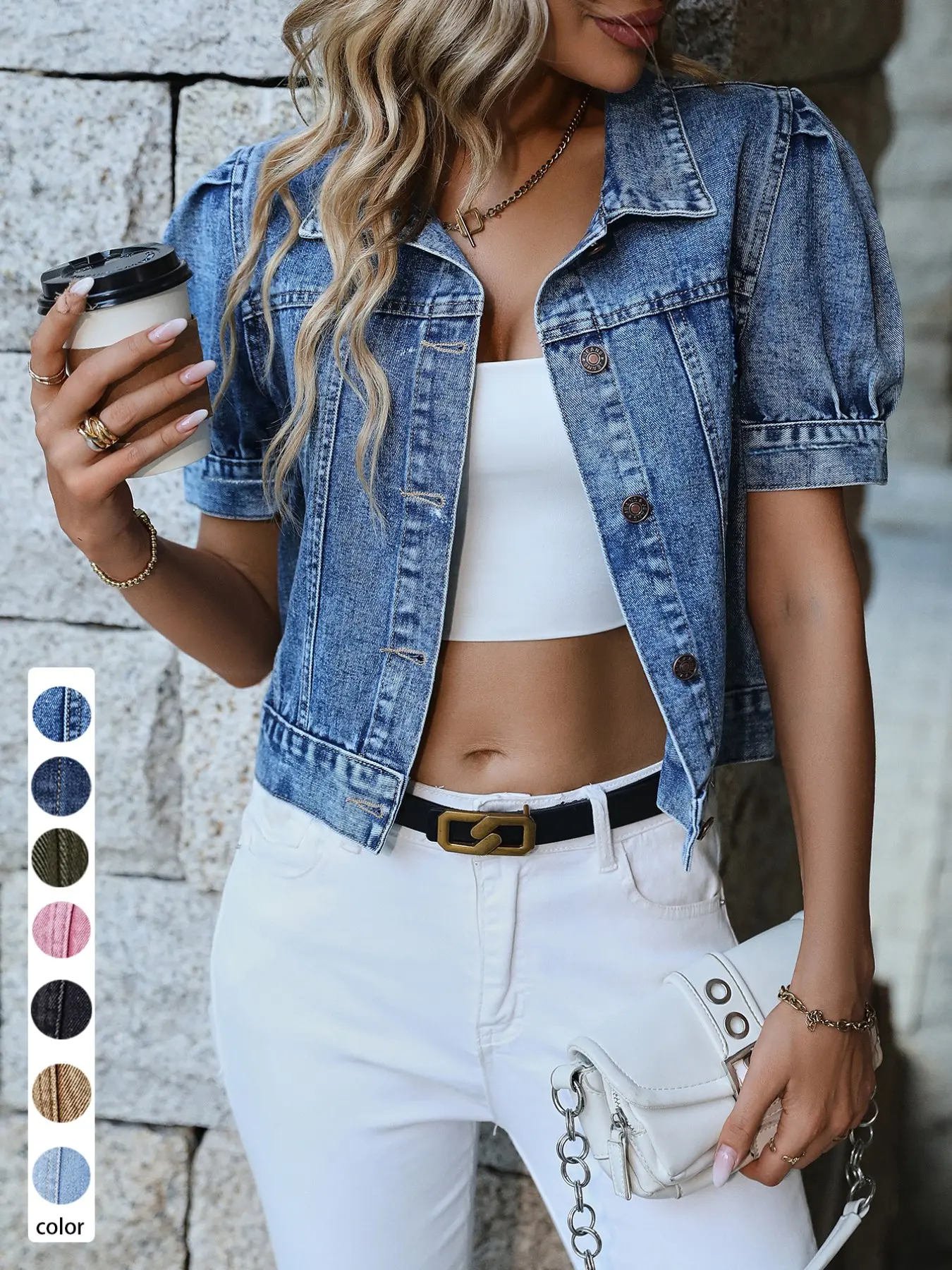 Women's Short Denim Jacket, Bubble Sleeve Single Button Denim Top, Vintage Washed Summer Casual Outerwear, Stylish and Comfortable